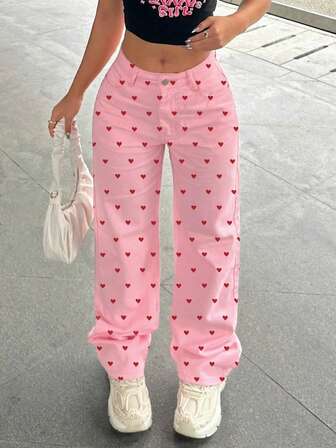 Valentine's Day Y2K Pink Heart Print Wide Leg Jeans, Women's Sweet Casual Denim Pants