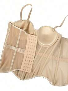 Women's Solid Color Corset-Style Brown Backless Mesh Camisole With Bra, Autumn/Winter Lingerie Casual Black - 杏色 - 查看 7