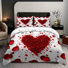 3pcs Red Heart Rose Print Duvet Cover Set, White Base Color With Red Rose Heart Pattern And Scattered Rose Petals Decor, Romantic Atmosphere, (1 Duvet Cover + 2 Pillow Shams, No Filling), Suitable For Bedroom And Guest Room Bedding Decoration - Red - View 9