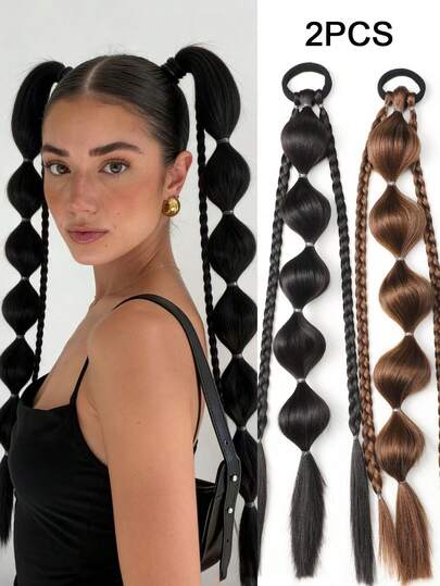 2 PIEZAS Pelucas de trenzas de burbuja dulces y geniales de 20 pulgadas Y2K con bandas elásticas, accesorio para el cabello, como accesorios para el cabello de disfraz para fiestas y reuniones, regalos de Halloween (Colores del cabello: negro, marrón claro, marrón oscuro, negro parduzco)