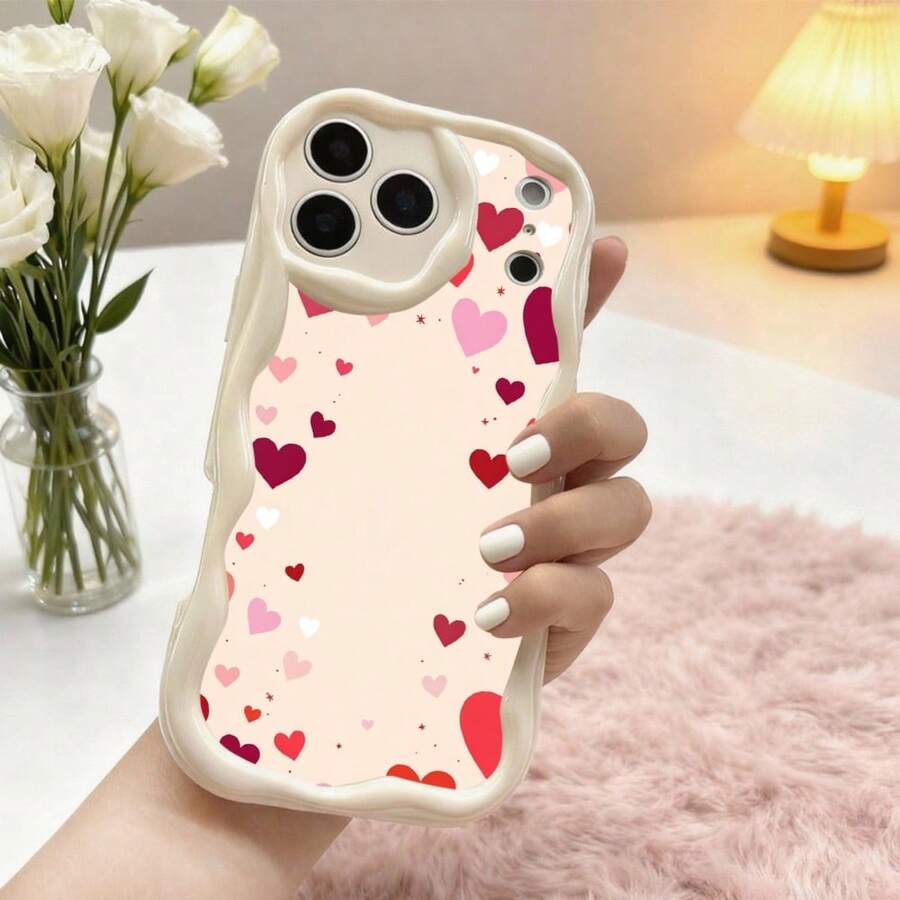 1PC Phone Case ,  Pink Hearts Pattern Print Design , Stylish Phone Case, Phone Decoration, All-around Lens Protection, Creative Small Gift, Funny Gift for Boys and Girls - Blanco - Ver 1