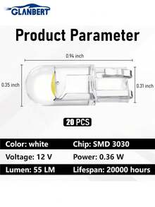 GLANBERT 30pcs 194 LED Bulbs, 168 2825 W5W T10 Wedge COB LED Replacement Bulbs, 6000K License Plate Lights, Flicker-Free Interior Lights, Fit For Instrument Panel Lights, Dome Lights, License Plate Lights (White)