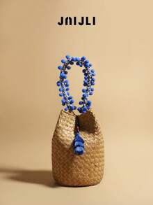 Woven Straw Bucket Bag Women Boho Crossbody Purse Pom Pom Handle Tassel Decor Beach Handbag Casual Summer Travel Shoulder Bag Retro Rattan Bucket Bag Cute Fringe Accent Sling Bag Fashion Vacation Woven Purse Lightweight Daily Use Handbag Popular Bohemian Style Bucket Bag Must-Have Summer Accessory Rattan Crossbody Bag Stylish Beach Purse Woven Tassel Bag Bohemian Bucket Purse - Dark Blue - Xem 1