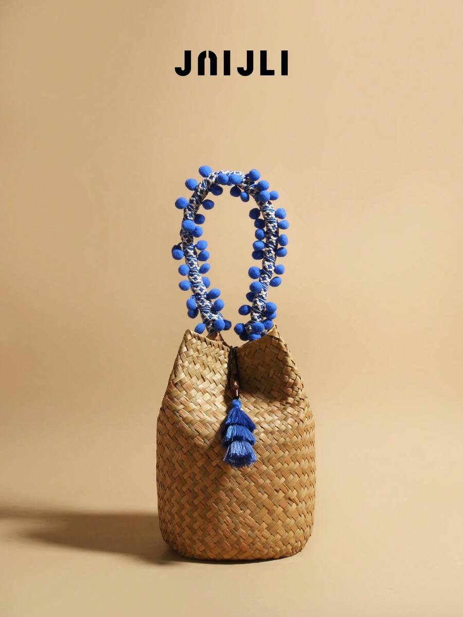 Woven Straw Bucket Bag Women Boho Crossbody Purse Pom Pom Handle Tassel Decor Beach Handbag Casual Summer Travel Shoulder Bag Retro Rattan Bucket Bag Cute Fringe Accent Sling Bag Fashion Vacation Woven Purse Lightweight Daily Use Handbag Popular Bohemian Style Bucket Bag Must-Have Summer Accessory Rattan Crossbody Bag Stylish Beach Purse Woven Tassel Bag Bohemian Bucket Purse - Dark Blue - Xem 1