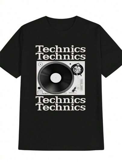Camiseta de hombre con logo de Technics y diseño de tocadiscos DJ - Diseño retro de reproductor de discos con impresión de disco de vinilo y onda sonora, camiseta de música de manga corta negra con cuello redondo para fanáticos de la marca Technics, entusiastas de equipos de DJ, ajuste cómodo durante todo el año