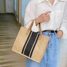 Simple Large-Capacity Handbag,Portable Casual Storage Tote Bag,Multifunctional Shopping Satchel Bag Simple Classic Large-Capacity Tote Bag,Stripe Pattern Shoulder Bag For Work With Removable Strap,School Bag,Large Capacity,Portable,For Teen Girls Women College Students,White-Collar Workers,Perfect For Work,Back To School,Middle School,High School,College,Vacation - Nhiều màu - Xem 4