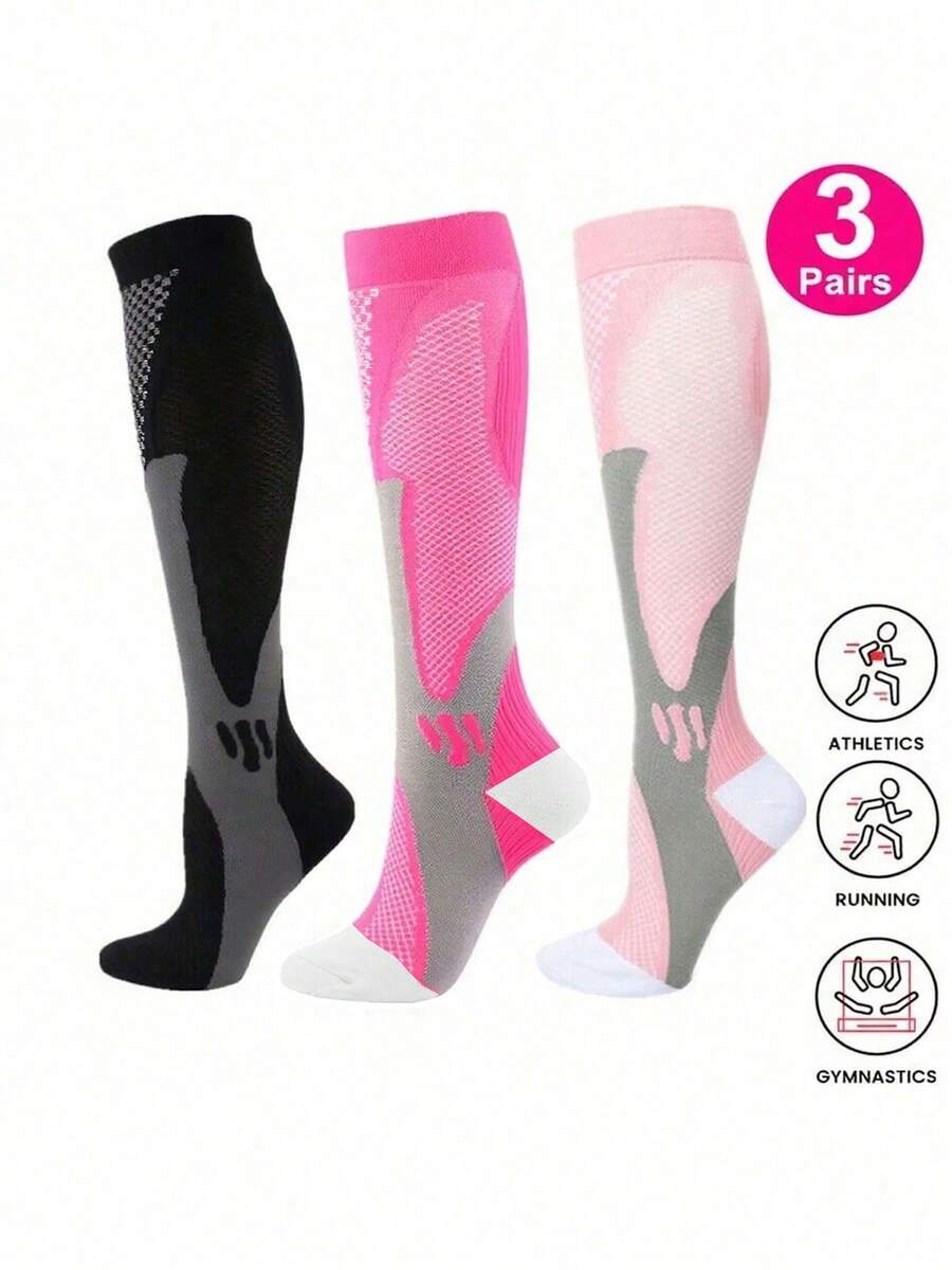 3 Pairs Women's Black/Pink/Light Pink Athletic Pattern High Elastic Compression Sports Style Knee-High Socks, Suitable For Running And Fitness - Multicolor - View 1