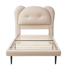 Upholstered Bed, Single Bed, Children's Bed, Headboard In The Shape Of An Animal, Sturdy Slatted Base And Iron Frame Connection, PU, Beige, 90x200cm - Beige - View 10