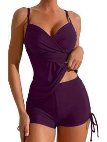 Bikini de Mujer de 2 Piezas Top Tipo Tankini con Shorts Deportivo,Escote en V,Tirantes Ajustables,Abdomen,Traje de Baño para Playa - Morado - Ver 14