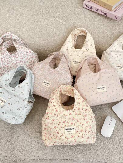 1 st. söt blommig lunchväska stor kapacitet canvas lunchlåda väska trendig schackrutig tygväska camping matförvaringsväska bärbar shoppingväska utan stängning lunch bento väska skolmatlåda förvaringsväska liten pendlingsväska kosmetika utflyktsnödvändigheter småsaker organisering väska flickvänlig bento väska