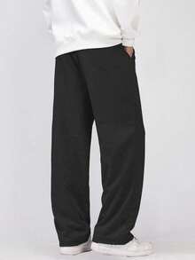 男士宽松休闲纯色阔腿裤，带抽绳腰带和大口袋，适合日常行走、工作、旅行和其他场合。 - 黑色 - 查看 8