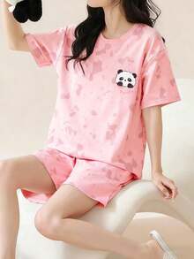 AICJ 2pcs Women Casual Panda Print Short Sleeve T-Shirt And Shorts Pajama Set, Comfortable For Spring And Summer - Pink - View 3