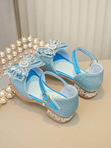 Zapatos de vestir de princesa con tacón bajo y flor para niñas, ideales para bodas y fiestas - Azul - Ver 3