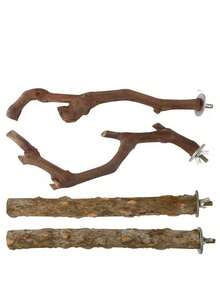 5件套鸟栖架套装，天然木质鹦鹉栖架，3根葡萄木栖架，2个支架，磨爪器，虎纹鹦鹉磨牙棒，训练枝，适用于玄凤鹦鹉、小型和中型鸟类