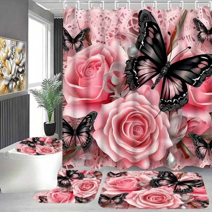 1/4 مجموعة ستارة حمام مزينة بالوردة الوردية المقلدة والفراشات، ديكور إبداعي للحمام يشمل ستارة حمام مقاومة للماء، بساط أرضية مانع الانزلاق، غطاء مقعد المرحاض، بساط حمام و12 خطاف بلاستيكي، إكسسوارات حمام، ديكور منزلي - متعدد الألوان - مشاهدة 1