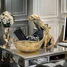 大嘴河马树脂雕塑 - 室内装饰、花园雕像、桌面摆件、收纳盒、水果盘、钥匙碗、家居装饰 - 金色 - 查看 3
