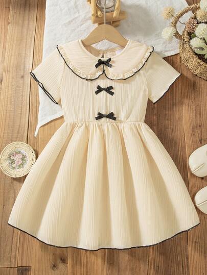 Girls' Casual Solid Color Peter Pan Collar Short Sleeve Umbrella Knee-Length Dress With 3D Bow Decor, Summer