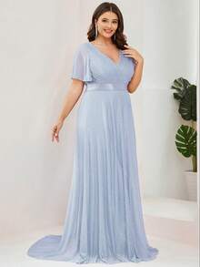 EVERPRETTY 大码优雅短袖V领长拖尾夏季连衣裙，蓝色伴娘礼服，新娘母亲婚纱，春季派对等特殊场合正式礼服 - 淺藍色 - 查看 5