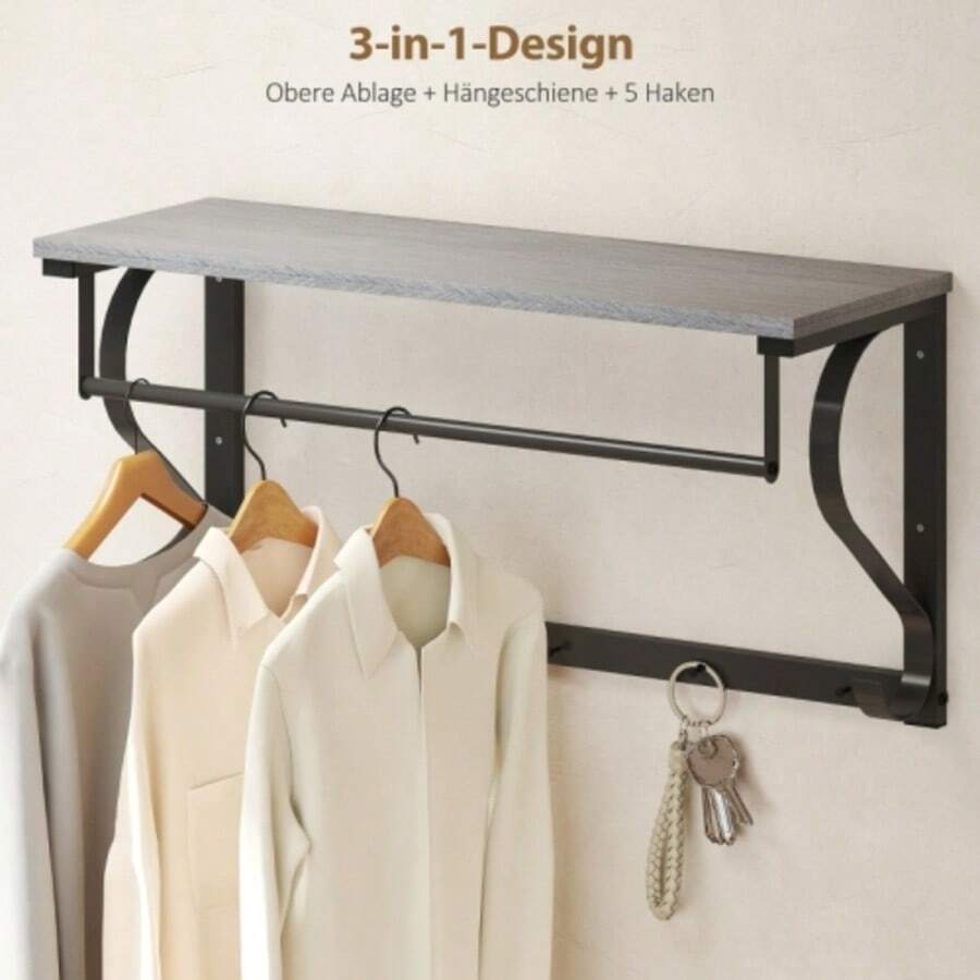 Wall-Mounted Clothes Rack, Clothes Hooks, 5 Hooks, Top Shelf, Versatile, Grey - Grey - View 1