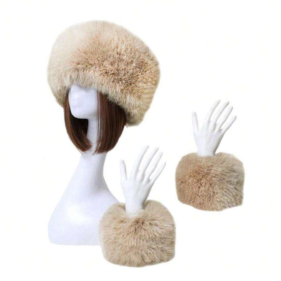 Winter Hat Wrist Warmers Women's Cozy Winter Outfit Accessories Faux Fur Hat Sleeves Set Solid Color Fluffy Hat With Warm Cuffs - 卡其色 - 查看 1