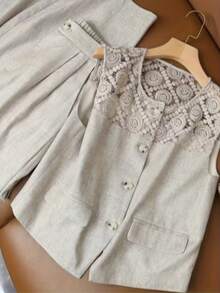 Ensemble d'été élégant et décontracté pour femmes, nouveau gilet ajouré et pantalon large, couleur unie, tenue de Pâques pour femmes - Gris pâle - Voir 4