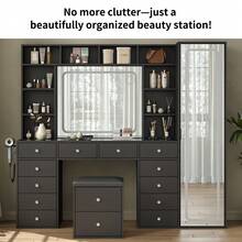 FUSOU Vanity Desk Full Length Mirror & LED Mirror With Power Outlet, Makeup Vanity 14 Drawers & 10 Shelves, Hidden Storage Capacity, Dimmable & 3 Color Lighting Dressing Table For Bedroom, White - View 8