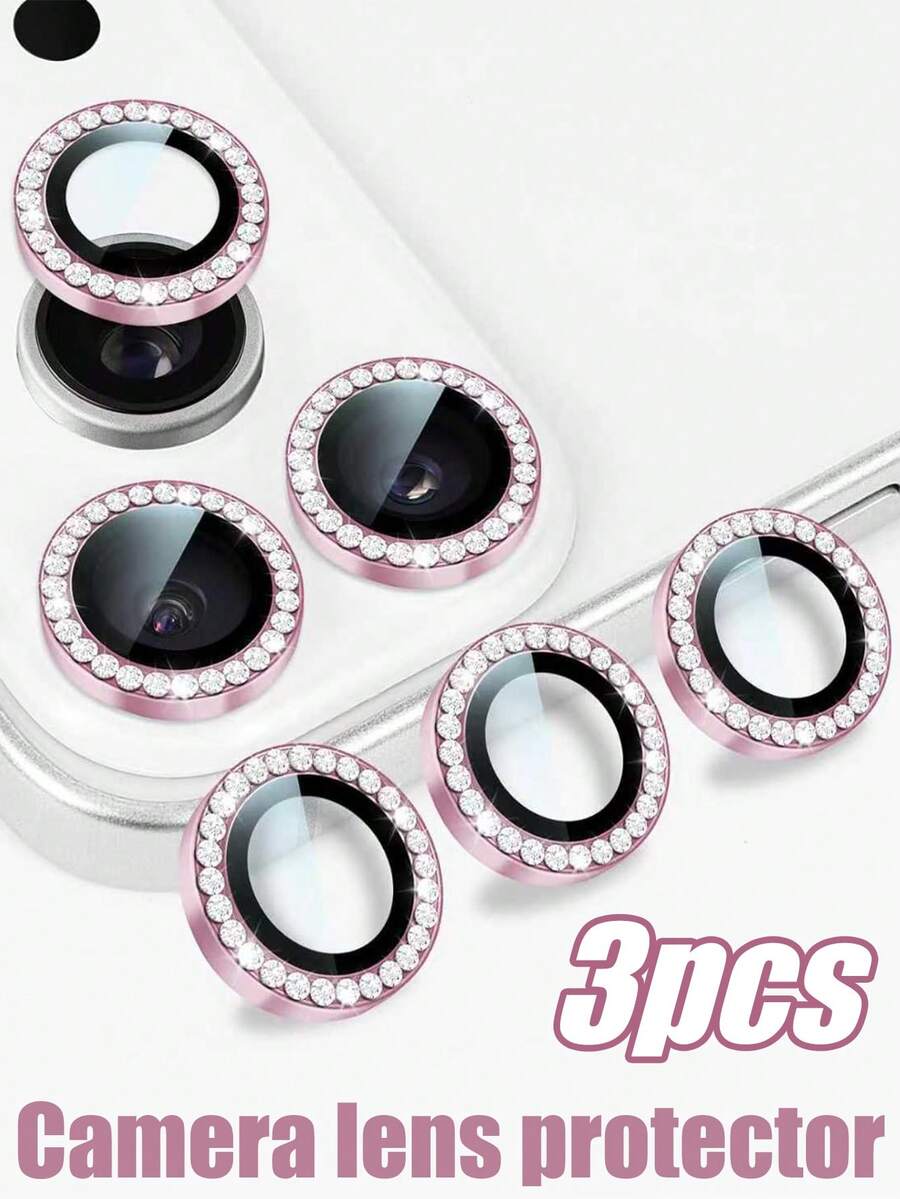 Bộ 3 miếng bảo vệ ống kính camera tương thích với iPhone 17/16/15/14/13/12/11 Plus, vòng kim loại sáng bóng chống trầy xước, phụ kiện bảo vệ ống kính dễ thương, màu hồng. - Màu Hồng baby - Xem 1