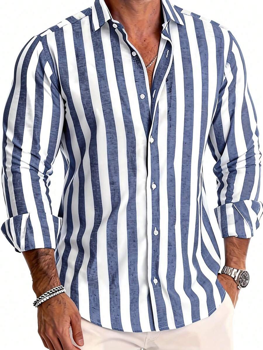 加大码男士条纹长袖纽扣领休闲衬衫，适合约会、海滩、度假及其他场合。