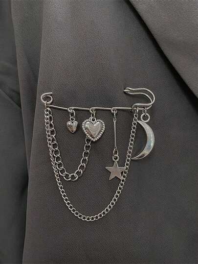 1 adet Moda Broş, Giyim Broşu, Pantolon Broşu, Sırt Çantası Broşu, Sokak Modası Aksesuarı, Yıldız Kalp Zincir, Mezuniyet Hediyesi