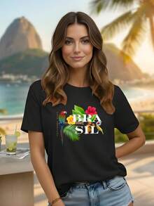 Camiseta Feminina Brasil Arara T Shirt Algodão 100% Básica Casual - Preto - Visão 2