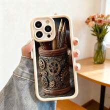 Cubierta de teléfono con diseño de tintero steampunk marrón con engranajes metálicos y plumas para escritorio elegante y creativo - Negro - Ver 3