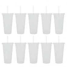 PromoClick Paquete de 10 Vasos de plástico transparente con tapa traslúcida. (Incluyen popote) Cap. 700 ml - Blanco - Ver 5
