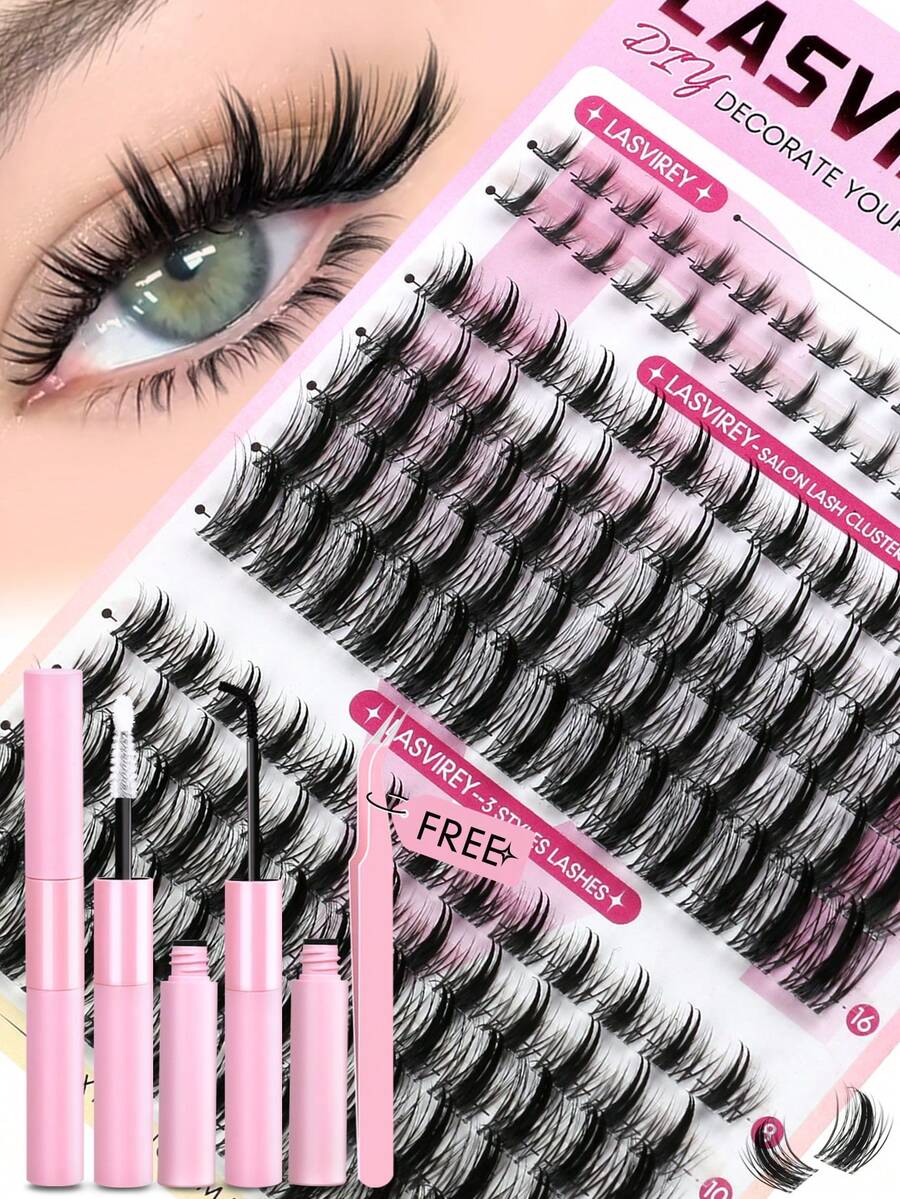 Lasvirey 130PCS Fluffy Spiky Clusters Lash Manga Lashes Thin Clear Band Lash Clusters 5-16mm DIY Lash Extension Kit Natural Look & Wispy Eyelash Extensions With Makeup Tool Bond Tweezers At Home Use - Black - View 1