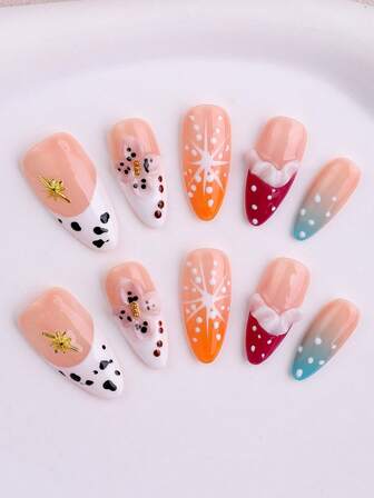 10 pezzi/set Unghie finte a mandorla di media lunghezza con sfumature di blu, unghie alla francese, fiori in resina 3D realizzati a mano. Unghie finte staccabili, arte di unghie, adatte per feste, balli, uso quotidiano, feste studentesche, cosplay, riutilizzabili, con colla gel e lima per unghie, set fai-da-te