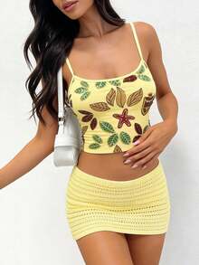 LOVE JOYY 女士树叶印花吊带背心，修身黄色短款上衣，适合海滩度假和夏季穿着 - 彩色 - 查看 11