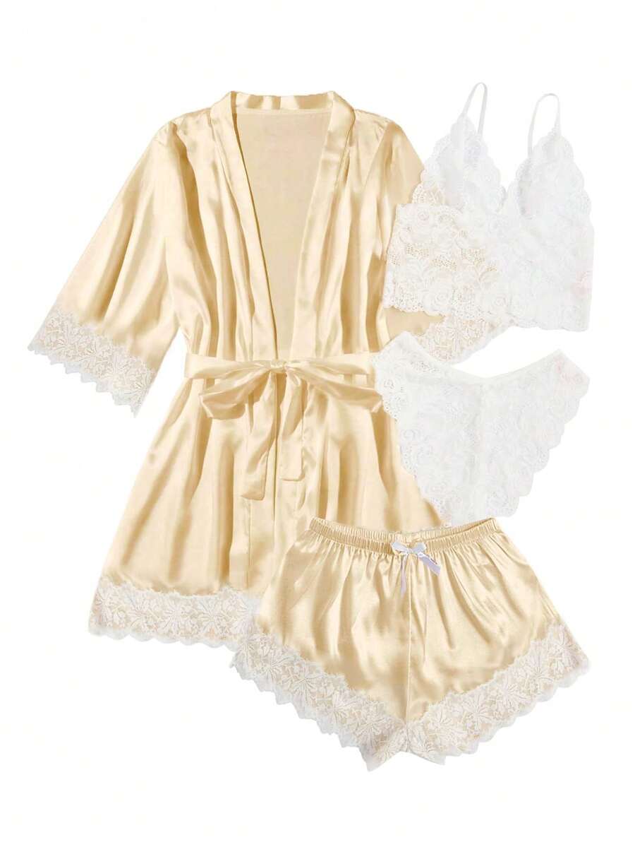 Women's Sexy Satin Lace Lingerie Set – Champagne Nightwear With Robe , Bralette, Shorts & Panty For Romantic Atmosphere - 香檳色 - 查看 1