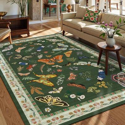 4x6 Ft Vintage Green Butterfly & Insect Pattern Washable Soft Bohemian Non-Slip Area Rug, Indoor Floor Decor Carpet For Living Room, Bedroom, Dining Room, Nursery, Home Office
