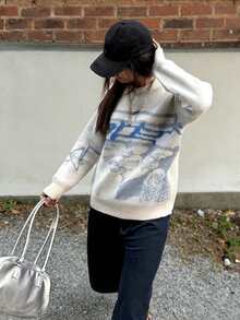 女士时尚休闲街头风 Y2K 秋冬保暖毛衣，柔软亲肤，撞色人像图案圆领长袖针织套头衫，女士秋季服装，女士冬季服装，秋季上衣，职场/办公室，商务休闲女装 - 彩色 - 查看 2