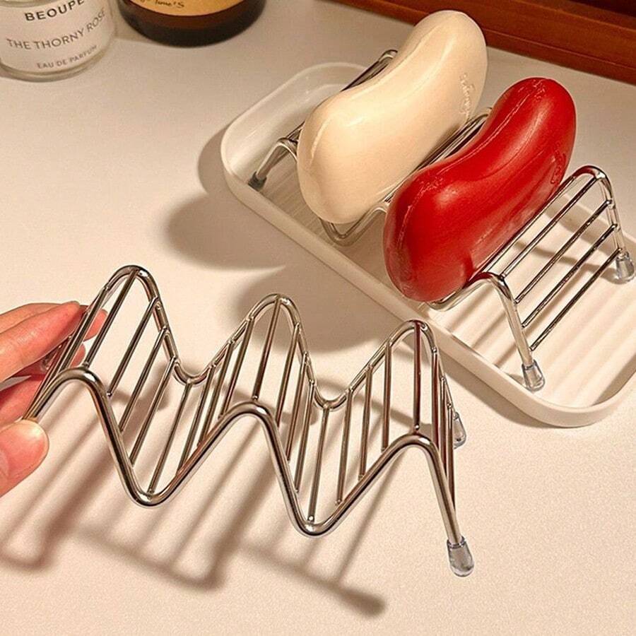 1pc Stainless Steel Soap Dish, Creative Bathroom Soap Holder Tray, Soap Storage Rack With Drainage Plate, Bathroom Shelf (With Drainage Tray) - Silver - View 1