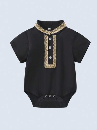 BOARNSEORL Baby Boys Black Short Sleeve Romper With Contrast Color Ruffle, Front Snap Closure, Suitable For Christening, Summer