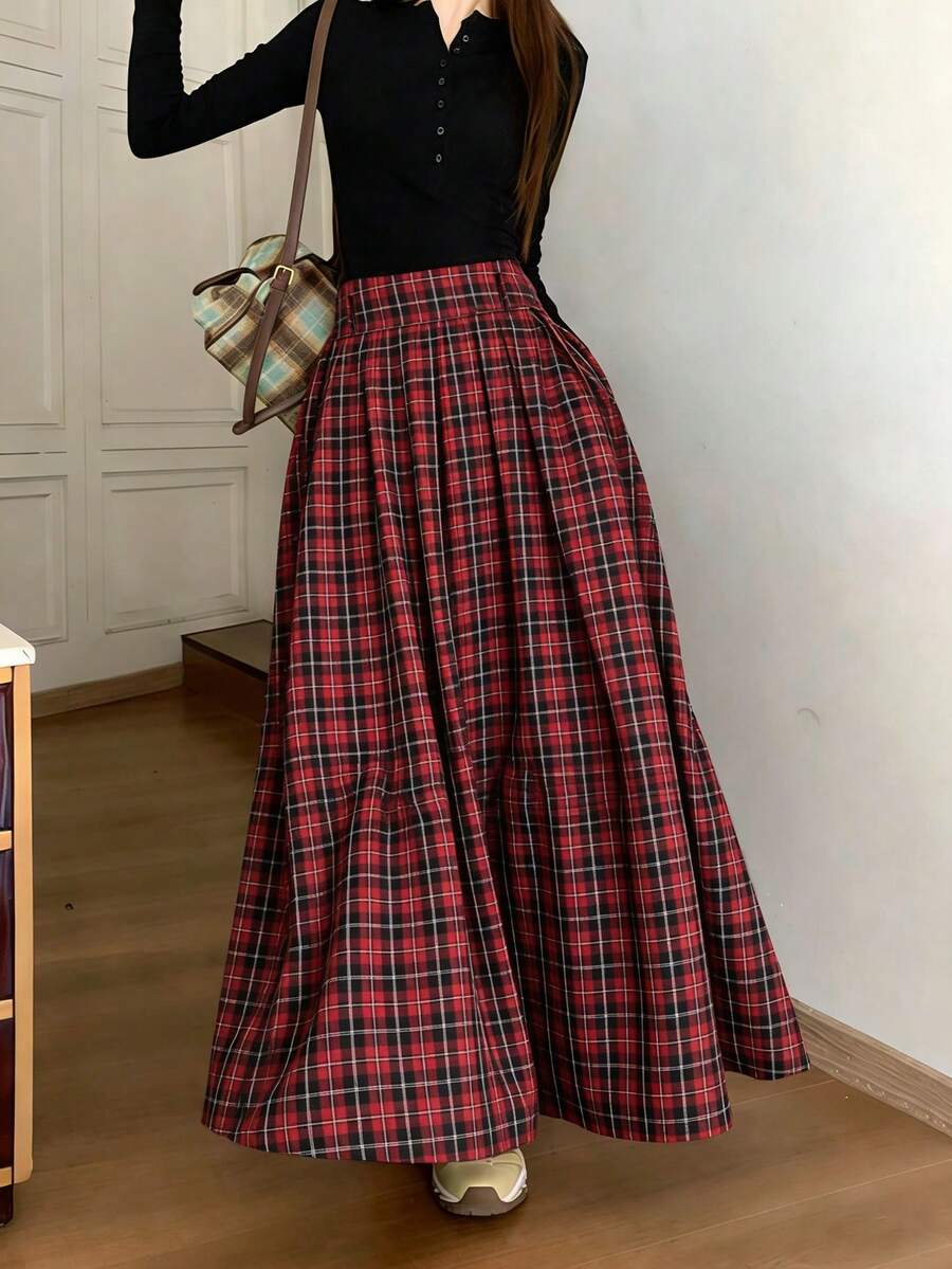 2025新款爆款女士圣诞半身裙：休闲通勤红黑格子百褶裙，百搭日常，适合外出穿着及圣诞节。 - 紅色 - 查看 1
