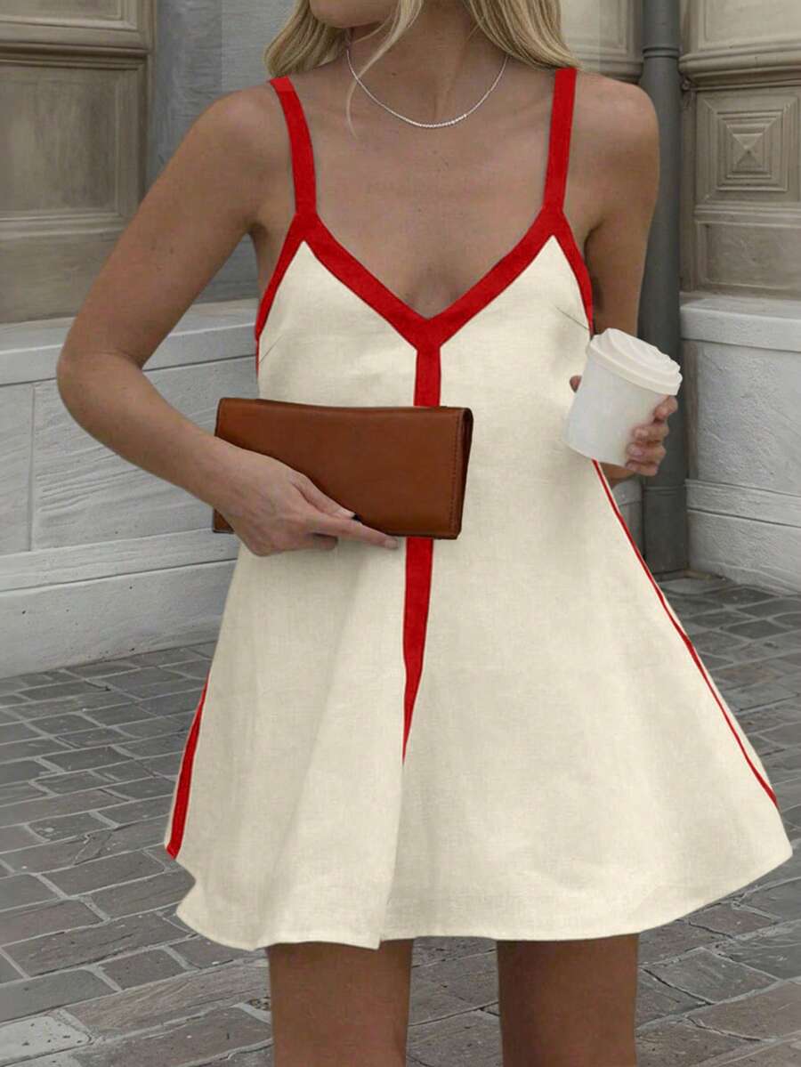 Women's V-Neck Spaghetti Strap Contrast Color Block Vacation Mini Dress