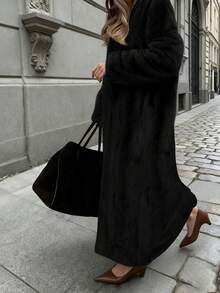 秋冬新款纯色宽松长款仿皮草外套，保暖加厚绒毛女式夹克 - 黑色 - 查看 9