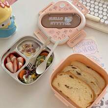 Sanrio 1个三丽鸥Hello Kitty便携式午餐盒，带提手，防漏密封阀，可微波炉加热，方形设计，大容量三格学生便当盒，塑料和不锈钢材质，多种款式可选，适合办公室、旅行、野餐和厨房收纳，是女孩背包必备午餐盒