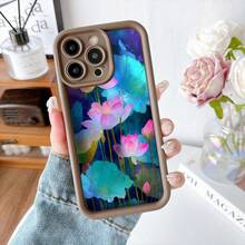 Cubierta de telefono con borde negro y diseño de flores de loto en tonos rosados y turquesa para iPhone 14 Pro Max estilo elegante para uso diario y regalo - Café integral - Ver 2
