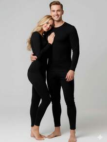 Men's Velvety Thermal Set (Plush Lining) Base Layer Clothing For Harsh Winters And Snow - Flannel T-Shirt And Pants - 黑色 - 查看 4
