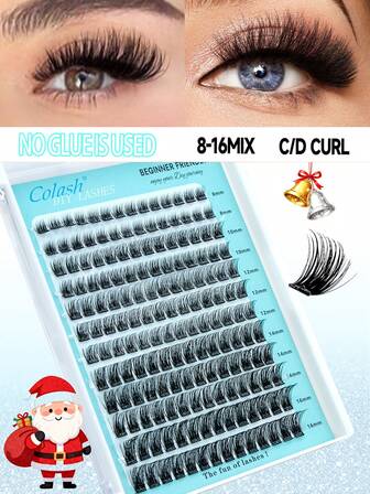 Glue Free DIY Cluster Eyelashes Self Adhesive Segmented Eyelashes C Curl DIY Lash Extension No Glue Needed Eyelashes Extension Newbie Friendly 8/10/12/14/16mm 0.07C/D Curl,Suitable For Travel, Daily Wear For Beginners, Weddings, Dates, Parties, Festivals, Very Suitable For Christmas/Halloween/Gift Eyelash Bundles