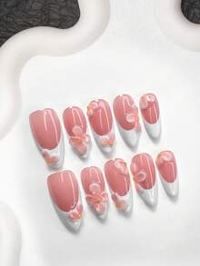 10片简约干净的法式按压式假指甲，手工花朵美甲装饰，白色指甲胶，包含美甲工具（1个果冻贴+1个指甲锉），3种尺寸：杏仁形、鸭嘴形、棺材形，适合日常、派对、婚礼等场合的美甲用品。 - 彩色 - 查看 18
