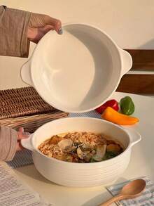 1个简约白色条纹双耳大碗，家用汤锅酸菜鱼碗，陶瓷餐具双耳大容量汤碗，水煮鱼碗，家用盛菜盘，方便面碗，客厅大容量水果盘 - 白色 - 查看 3