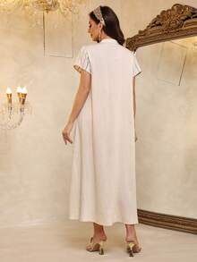 Elegant Embroidered Arabic Dress, JALABIA Tasseled Sash Short Sleeve V-Neck Dress, Ramadan Atmosphere, Soft 2026 New Design Robe Summer - Apricot - View 10